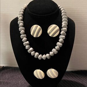 Elegant Gray Beaded Necklace and 2 types of Gray Clip-on Earring